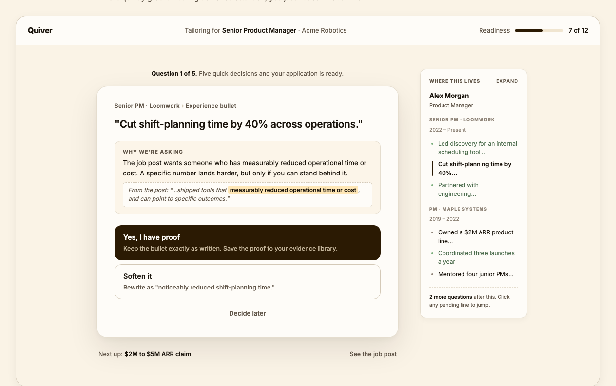 Quiver confirm screen showing evidence-backed claims awaiting review