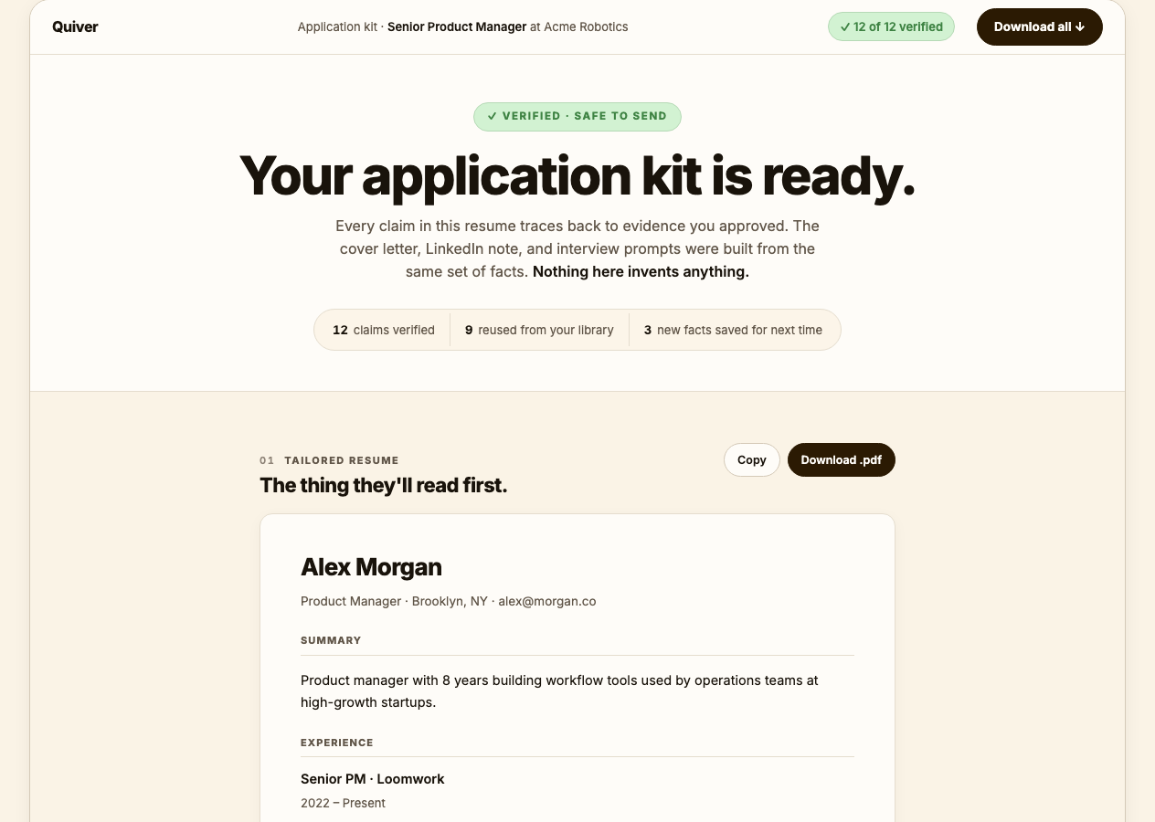 Quiver send kit with tailored resume, cover letter, and review summary